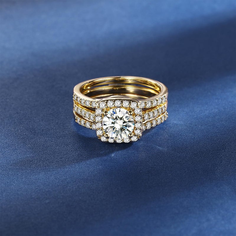 MDFUN 18K Yellow Gold Plated Cubic Zirconia Three-in-One Halo Wedding Engagement Promise Eternity Ring for Women - Image 3